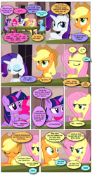 Size: 868x1656 | Tagged: safe, artist:dziadek1990, edit, edited screencap, screencap, applejack, fluttershy, pinkie pie, rainbow dash, rarity, twilight sparkle, g4, the cutie map, angry, annoyed, comic, conversation, dialogue, outdoors, screencap comic, sitting, table, text