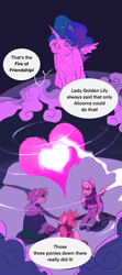 Size: 1153x2592 | Tagged: safe, artist:aztrial, clover the clever, princess celestia, private pansy, smart cookie, alicorn, earth pony, pegasus, unicorn, anthro, g4, g5, alternate universe, comic, fire of friendship, horn, implied princess golden lily, skyros