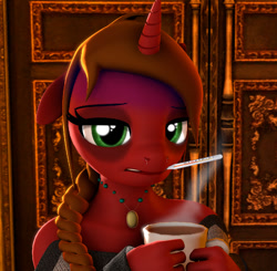 Size: 777x761 | Tagged: safe, artist:alcohors, oc, oc only, oc:essy ferguson, unicorn, anthro, 3d, coffee mug, female, horn, mug, sick, solo, source filmmaker, thermometer