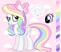 Size: 1423x1220 | Tagged: safe, artist:cstrawberrymilk, oc, oc only, oc:rainbow heart (cstrawberrymilk), pegasus, pony, g4, bow, color palette, female, folded wings, hair bow, lavender eyes, mare, pigtails, pink background, reference sheet, solo, wings