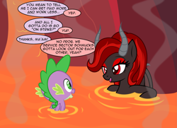 Size: 2563x1855 | Tagged: safe, artist:badumsquish, derpibooru exclusive, spike, oc, oc:kim stone, demon, demon pony, dragon, pony, bathing, dialogue, dragon lands, duo, eyeshadow, female, folded wings, friendly, happy, horns, lava, lava bathing, lava pool, looking at each other, looking at someone, makeup, male, mare, ponytail, relaxing, show accurate, smoke, talking, winged spike, wings