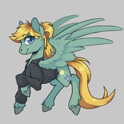 Size: 1427x1427 | Tagged: safe, artist:flaming-trash-can, oc, oc only, oc:sunny hymn, pegasus, pony, clothes, gray background, simple background, solo