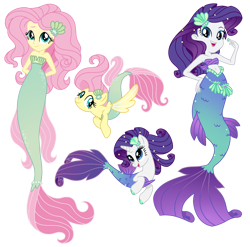 Size: 1980x1955 | Tagged: safe, artist:dazzle, fluttershy, rarity, mermaid, seapony (g4), equestria girls, g4, accessory, bandeau, bare shoulders, eyeshadow, fish tail, hair accessory, hairclip, looking at each other, looking at someone, looking at you, makeup, mermaid tail, mermaidized, mermarity, seashell, simple background, sleeveless, smiling, smiling at you, species swap, strapless, tail, transparent background