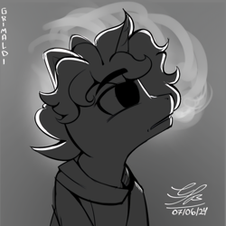 Size: 2784x2784 | Tagged: safe, artist:ch0c0sauri0, oc, oc only, earth pony, pony, album cover, black and white, bow, bust, clothes, doodle, eyelashes, eyeshadow, grayscale, hair bow, lineart, makeup, male, minimalist, monochrome, original art, original character do not steal, portrait, scarf, simple background, sketch, smoking, solo, song reference, wip