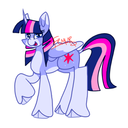 Size: 2048x2048 | Tagged: safe, artist:femurthechangeling, twilight sparkle, alicorn, pony, chubby, chubby twilight, curved horn, fat, folded wings, horn, open mouth, open smile, raised hoof, redesign, smiling, solo, twilight sparkle (alicorn), unshorn fetlocks, wings