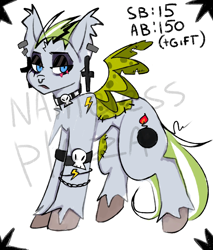 Size: 1700x2000 | Tagged: safe, artist:namelessplaza, oc, oc only, pony, bracelet, commission, ear piercing, eyeshadow, jewelry, lidded eyes, makeup, nose piercing, patchwork, piercing, septum piercing, solo, spread wings, stitches, tail, unshorn fetlocks, watermark, wings, your character here
