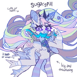 Size: 964x964 | Tagged: safe, artist:cutesykill, oc, oc only, oc:sugarspill, alicorn, monster pony, pony, alicorn oc, bandage, bandaged wing, beanbrows, big ears, blood, bloody mouth, blue blood, colored eyebrows, colored eyelashes, colored muzzle, colored pinnae, colored pupils, colored sclera, colored teeth, crown, decapitated, ear fluff, ear piercing, earring, ethereal mane, ethereal tail, eyebrows, female, horn, jewelry, leg stripes, long mane, long neck, long tail, looking away, mare, multicolored mane, multicolored tail, multiple wings, neck fluff, open mouth, peytral, piercing, purple eyelashes, purple pupils, purple sclera, regalia, sharp teeth, simple background, six wings, small wings, sparkly coat, standing, stripes, tail, teeth, text, thick eyelashes, tiara, unusual pupils, wavy mane, wavy tail, white background, white coat, wide eyes, wing fluff, wing stripes, wings