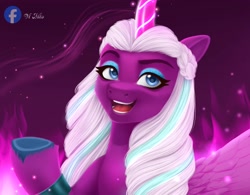 Size: 1162x905 | Tagged: safe, artist:glitterheart15, opaline arcana, alicorn, pony, g5, female, fire, mare, open mouth, open smile, raised hoof, smiling, solo