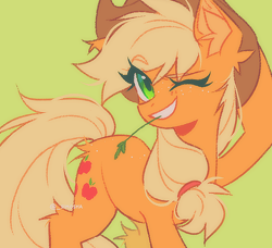 Size: 898x819 | Tagged: safe, artist:_simosha, applejack, earth pony, pony, g4, applejack's hat, cowboy hat, eye clipping through hair, eyebrows, eyebrows visible through hair, female, fluffy, freckles, green background, hairband, hat, hoof on head, looking at you, mare, one eye closed, simple background, smiling, smiling at you, solo, straw in mouth, wink, winking at you