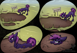 Size: 2360x1640 | Tagged: safe, artist:stirren, pony, unicorn, female, horn, mud, pit, sequence, sign, sinking, solo, stuck