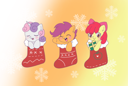 Size: 2039x1378 | Tagged: safe, artist:ruto_me, apple bloom, scootaloo, sweetie belle, earth pony, pegasus, pony, unicorn, g4, blushing, christmas, christmas stocking, cutie mark crusaders, eyes closed, female, gradient background, holiday, horn, open mouth, open smile, pony in a stocking, present, smiling, trio, trio female