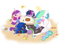 Size: 3917x3000 | Tagged: safe, artist:ruto_me, princess cadance, princess celestia, princess luna, spike, twilight sparkle, alicorn, dragon, pony, g4, alicorn tetrarchy, baby, baby dragon, cake, cakelestia, cute, cutedance, cutelestia, female, food, kotatsu, lunabetes, male, nintendo switch, pizza, spikabetes, sweet dreams fuel, twiabetes, twilight sparkle (alicorn), wholesome