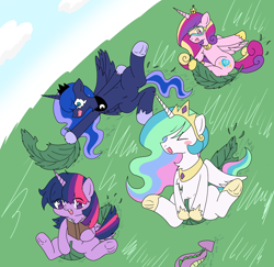 Size: 2376x2310 | Tagged: safe, artist:ruto_me, princess cadance, princess celestia, princess luna, spike, twilight sparkle, alicorn, pony, ><, alicorn tetrarchy, blushing, book, crying, eyes closed, frog (hoof), goggles, hill, leaves, open mouth, reading, sledding, spread wings, twilight sparkle (alicorn), underhoof, wings