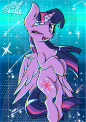 Size: 2480x3508 | Tagged: safe, artist:greydapone, artist:greyofurnama, twilight sparkle, alicorn, pony, g4, abstract background, gradient background, looking at you, one eye closed, shooting star, solo, stars, twilight sparkle (alicorn), wink, winking at you, zoom layer