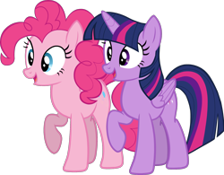 Size: 1876x1464 | Tagged: safe, artist:zslnews, pinkie pie, twilight sparkle, alicorn, earth pony, pony, duo, female, folded wings, mare, open mouth, raised hoof, simple background, transparent background, twilight sparkle (alicorn), vector, wings