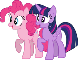 Size: 1876x1464 | Tagged: safe, artist:zslnews, pinkie pie, twilight sparkle, alicorn, earth pony, pony, g4, duo, duo female, female, folded wings, mare, open mouth, raised hoof, simple background, transparent background, twilight sparkle (alicorn), vector, wings