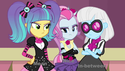 Size: 1280x720 | Tagged: safe, edit, edited screencap, screencap, photo finish, pixel pizazz, violet blurr, equestria girls, g4, female, headcanon, in-between, mean, nice, nice mean and in-between, the snapshots, trio, trio female