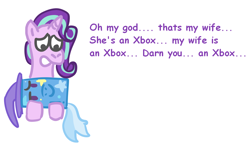 Size: 996x579 | Tagged: safe, artist:zoeyhorse, starlight glimmer, trixie, pony, unicorn, g4, dialogue, female, horn, inanimate tf, lesbian, mare, ship:startrix, shipping, simple background, simpsons did it, transformation, white background, xbox one