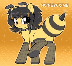 Size: 1550x1429 | Tagged: safe, artist:moozua, oc, oc only, oc:honeycomb (moozua), bee pony, original species, pony, abstract background, antennae, big eyes, black mane, blank flank, blushing, choker, clothes, colored, eye clipping through hair, eyebrows, eyebrows visible through hair, eyelashes, female, fishnet clothing, fishnet stockings, flat colors, mare, outline, pigtails, raised leg, rear view, shiny eyes, shiny mane, short mane, smiling, solo, sparkles, spiked choker, standing, stockings, text, thigh highs, tied mane, wingding eyes, yellow coat