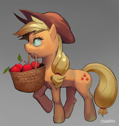 Size: 614x650 | Tagged: safe, artist:ohnarev, part of a set, applejack, earth pony, pony, g4, apple, apple basket, basket, female, food, gradient background, mare, mouth hold, solo