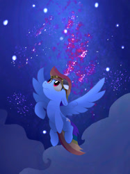 Size: 2048x2732 | Tagged: safe, artist:mandumustbasukanemen, rainbow dash, pegasus, pony, above clouds, female, flying, goggles, mare, night, solo, spread wings, stars, wings
