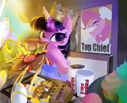 Size: 4009x3245 | Tagged: safe, artist:vondsketch, pinkie pie, princess celestia, twilight sparkle, alicorn, earth pony, pony, g4, burger, burger king, burger king crown, cup, cupcake, eating, eye reflection, female, food, french fries, high res, mare, meat, messy eating, ponies eating meat, reflection, restaurant, soda, that pony sure does love burgers, tray, trio, trio female, twilight burgkle, twilight sparkle (alicorn)