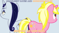 Size: 1920x1080 | Tagged: safe, artist:cloudy glow, edit, editor:jaredking779, moonlight raven, sunshine smiles, pony, unicorn, g4, background pony, duo, duo female, eyeshadow, female, gray background, horn, makeup, mare, siblings, simple background, sisters