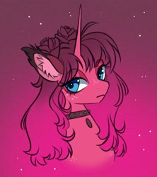 Size: 3092x3480 | Tagged: safe, artist:opalacorn, oc, oc only, pony, unicorn, bust, choker, colored ear fluff, colored ears, colored eartips, ear fluff, ear tufts, eyeshadow, female, freckles, frown, gradient background, gradient mane, horn, lidded eyes, looking at you, makeup, mare, solo