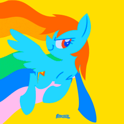 Size: 1080x1080 | Tagged: safe, artist:pastacrylic, rainbow dash, pegasus, pony, g4, animated, female, flying, gif, looking at you, mare, rainbow trail, signature, simple background, smiling, smiling at you, solo, spread wings, wings, yellow background