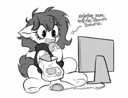 Size: 4096x3131 | Tagged: safe, artist:opalacorn, oc, oc only, earth pony, pony, arrow, bags under eyes, black and white, computer mouse, eating, floppy ears, food, grayscale, long eyelashes, messy eating, monitor, monochrome, simple background, sitting, snacks, solo, text, white background