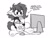 Size: 4096x3131 | Tagged: safe, artist:opalacorn, oc, oc only, oc:writer's block, earth pony, pony, arrow, bags under eyes, black and white, chips, clothes, computer mouse, eating, floppy ears, food, grayscale, hooves, long eyelashes, messy eating, messy mane, monitor, monochrome, simple background, sitting, snacks, solo, sweater, text, turtleneck, white background