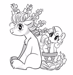 Size: 3881x3997 | Tagged: safe, artist:opalacorn, sweetie belle, earth pony, pony, unicorn, g4, black and white, bow, braid, braided tail, chest fluff, duo, duo female, female, filly, floppy ears, foal, grayscale, heart, heart eyes, horn, mare, monochrome, mouth hold, ponified, sergeant reckless, simple background, stool, tail, tail bow, unshorn fetlocks, white background, wingding eyes