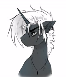 Size: 3509x4096 | Tagged: safe, artist:opalacorn, oc, oc only, oc:ayreon, pony, unicorn, black and white, bust, ear piercing, earring, eyebrow piercing, grayscale, horn, jewelry, male, monochrome, necklace, piercing, solo, stallion