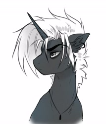 Size: 3509x4096 | Tagged: safe, artist:opalacorn, oc, oc only, oc:ayreon, pony, unicorn, black and white, bust, ear piercing, earring, eyebrow piercing, grayscale, horn, jewelry, male, monochrome, necklace, piercing, simple background, solo, stallion, white background