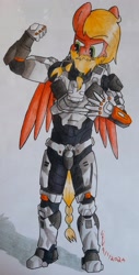 Size: 1800x3532 | Tagged: safe, artist:thecrimsonspark, oc, oc only, oc:alburke fallstorm, pegasus, pony, anthro, armor, beard, blonde, blonde hair, facial hair, halo, male, simple background, solo, traditional art, wings