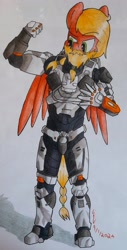 Size: 1800x3532 | Tagged: safe, artist:thecrimsonspark, oc, oc only, oc:alburke fallstorm, pegasus, anthro, armor, beard, blonde, blonde hair, facial hair, halo, long hair, long mane, male, simple background, solo, traditional art, white background, wings