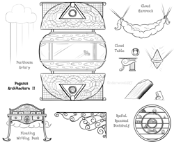 Size: 1500x1250 | Tagged: safe, artist:underwoodart, rainbow dash, writing desk, pegasus, ambient.white, architecture, black and white, cloud, column, concept art, crystal, grayscale, hammock, house, monochrome, plate, plushie, rainbow dash plushie, shelf, simple background, table, white background, window