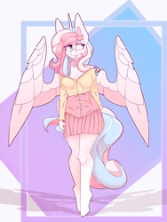 Size: 3000x4000 | Tagged: safe, artist:chapaevv, oc, oc:pupcake, alicorn, anthro, plantigrade anthro, alicorn oc, clothes, commission, female, horn, simple background, standing, wings