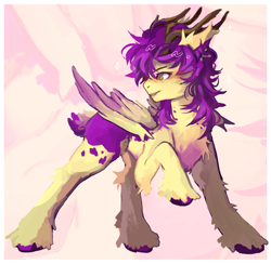 Size: 2248x2194 | Tagged: safe, artist:bitemassacre, oc, oc only, oc:purple wingshade, deer, deer pony, hybrid, original species, pegasus, pony, antlers, colored background, colored wings, deer oc, deer tail, ear fluff, freckles, hoof fluff, markings, multicolored wings, non-pony oc, solo, splotches, spots, tail, wings