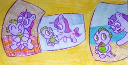 Size: 2070x1052 | Tagged: safe, artist:dex stewart, spike, twilight sparkle, dragon, pony, unicorn, baby, baby dragon, baby spike, female, filly, filly twilight sparkle, horn, traditional art, younger