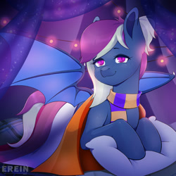 Size: 2000x2000 | Tagged: safe, alternate character, alternate version, artist:erein, oc, oc only, oc:magnolia wardenlight, bat pony, pony, bat pony oc, bat wings, bedroom, clothes, colored wings, commission, ears up, eyeshadow, female, flag, freckles, garland, high res, indoors, lesbian, lesbian pride flag, lgbt, looking at you, makeup, multicolored hair, multicolored tail, night, pillow, ponytail, pride, pride flag, pride month, room, scarf, smiling, smiling at you, solo, spread wings, string lights, striped scarf, tail, wings, ych result