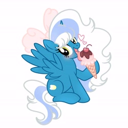 Size: 6890x6890 | Tagged: safe, artist:riofluttershy, oc, oc only, oc:fleurbelle, alicorn, pony, alicorn oc, blushing, bow, cherry, eating, female, food, hair bow, heart, horn, ice cream, licking, mare, simple background, solo, sprinkles, tongue out, white background, wings, yellow eyes