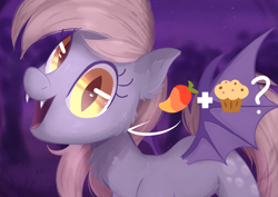 Size: 4093x2894 | Tagged: safe, artist:candy meow, derpy hooves, bat pony, pony, g4, :d, bat wings, fangs, female, food, looking at you, mango, mare, muffin, night, open mouth, open smile, plus sign, question mark, race swap, smiling, solo, spread wings, wings