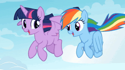 Size: 1920x1080 | Tagged: safe, editor:sunnekotiktok, rainbow dash, twilight sparkle, alicorn, pegasus, pony, g4, animated, barbie girl, cutie mark, duo, duo female, eyes closed, female, flying, frown, lesbian, looking at each other, looking at someone, ship:twidash, shipping, singing, smiling, twilight sparkle (alicorn), webm