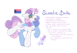 Size: 3432x2360 | Tagged: safe, artist:mirtash, part of a set, sweetie belle, pony, unicorn, alternate cutie mark, alternate universe, bandana, big ears, big eyes, big hooves, bisexual pride flag, bisexuality, chest fluff, colored, colored eyelashes, colored pupils, cute, demi-bisexual pride flag, demigirl, demisexual pride flag, diasweetes, ear fluff, eye clipping through hair, eyelashes, eyeshadow, floppy ears, green eyelashes, green eyes, green pupils, high res, horn, implied scootabelle, leg fluff, looking back, makeup, neckerchief, older, older sweetie belle, open mouth, open smile, pink eyeshadow, pride, pride flag, profile, purple text, raised hoof, raised leg, shiny eyes, simple background, smiling, solo, standing, star mark, starry eyes, stars, tail, text, time skip, two toned mane, two toned tail, unicorn horn, wall of tags, white background, wingding eyes