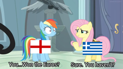 Size: 1600x900 | Tagged: safe, fluttershy, rainbow dash, england, eqg flag-tag meme, greece, metaphor, ouch, uefa euro