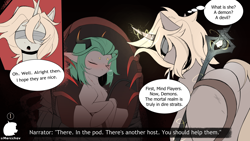 Size: 2304x1296 | Tagged: safe, artist:axtkatze, oc, oc:marie, oc:rinx, classical unicorn, demon, demon pony, unicorn, series:rinx & marie (bg3), baldur's gate, blindfold, blonde, cloven hooves, dialogue, fallen angel, gem, green hair, horn, horns, leonine tail, open mouth, pod, roots, spaded tail, speech bubble, staff, tail, text, trapped, unshorn fetlocks