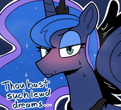 Size: 1140x1039 | Tagged: safe, artist:icey, princess luna, alicorn, pony, g4, blushing, dream walker luna, ear fluff, ethereal mane, female, horn, lewd, looking at you, luna's crown, mare, onomatopoeia, peytral, pomf, spread wings, starry mane, stars, wingboner, wings, ye olde english