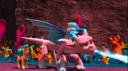Size: 1282x720 | Tagged: safe, screencap, hitch trailblazer, sparky sparkeroni, tumble (g5), dragon, pony, g5, my little pony: make your mark, my little pony: make your mark chapter 6, the isle of scaly, spoiler:g5, spoiler:my little pony: make your mark, spoiler:my little pony: make your mark chapter 6, spoiler:mymc06e01, baby, baby dragon, derp, dizzy, dragon lands, folded wings, male, papa hitch, wings