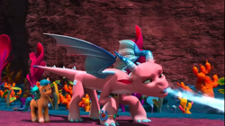 Size: 1282x720 | Tagged: safe, screencap, hitch trailblazer, sparky sparkeroni, tumble (g5), dragon, earth pony, pony, g5, my little pony: make your mark, my little pony: make your mark chapter 6, the isle of scaly, spoiler:g5, spoiler:my little pony: make your mark, spoiler:my little pony: make your mark chapter 6, spoiler:mymc06e01, baby, baby dragon, derp, dizzy, dragon lands, folded wings, male, papa hitch, wings